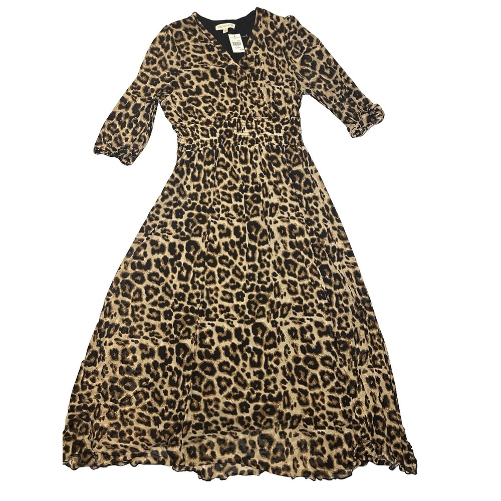 Cactus + Pearl Leopard Print Maxi Dress XL Brown Black Boho Luxe Midi NWT Flowy